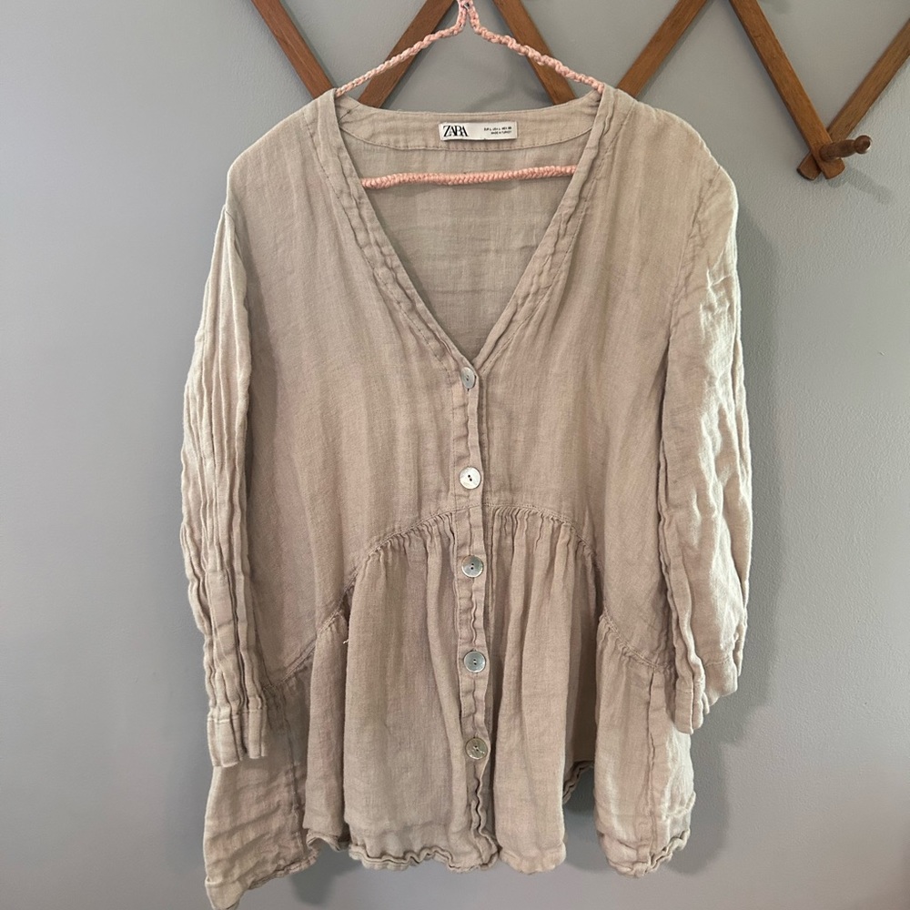 100% linen tan peplum top from Zara. Size large